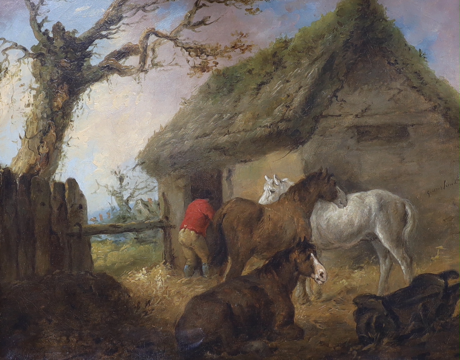 Follower of George Morland (1762/63-1804), oil on canvas, Horses before a thatched stable, bears signature, 24 x 29cm